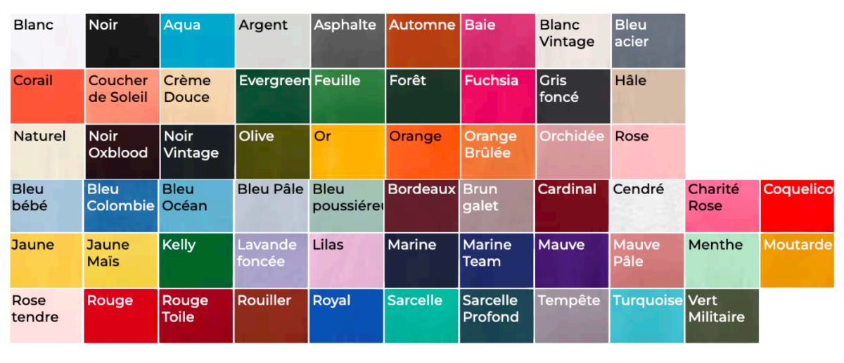 Couleurs disponibles - BELLA + CANVAS - 3001